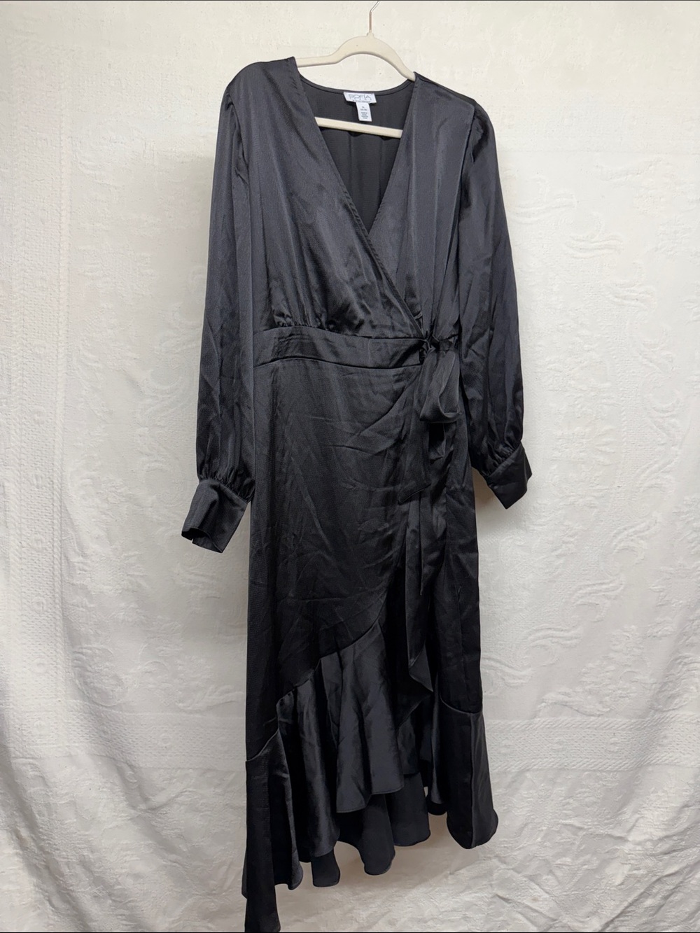 sofia by sofia vergara Black Satin Wrap Midi Dress